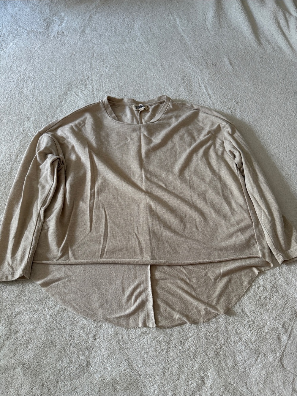 Listicle Beige Crewneck Long-Sleeve High-Low Top